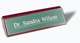 engraved desk plate with wood base, engraved office sign