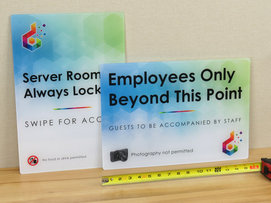 Reverse-printed plexiglass signs for offices